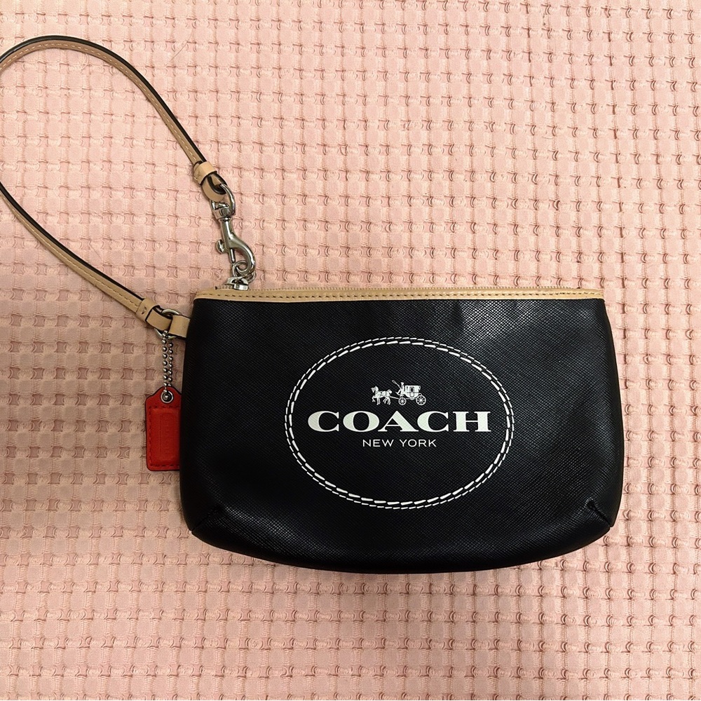 Coach Black and Tan Wristlet with Red Tag